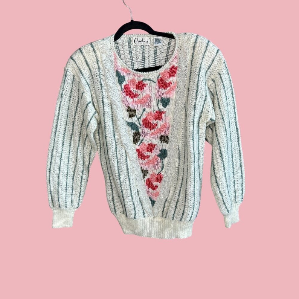 Carducci Vintage 80s Rose Floral Sweater Coastal Grandma Size Medium